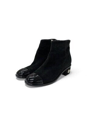 Chanel Short Boots Shoes Suede Patent Black Silver CC Logo Charm Ankle
